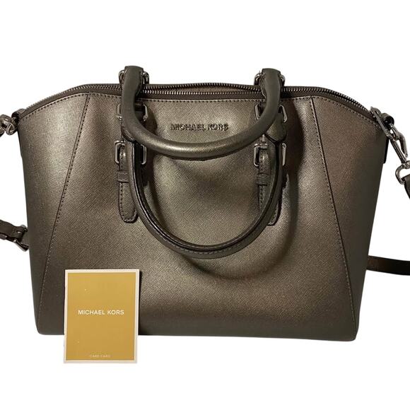 Michael Kors Ciara Gray Metallic Large Satchel Handbag - Picture 2 of 9